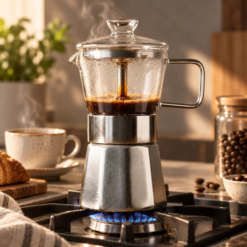 Glass Top Aluminium Moka Pot – See-Through Stovetop Espresso Maker