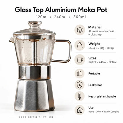 Glass Top Aluminium Moka Pot – See-Through Stovetop Espresso Maker
