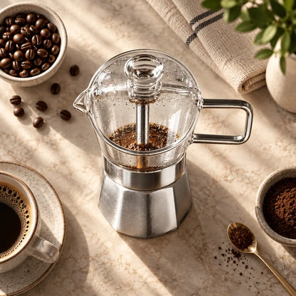 Glass Top Aluminium Moka Pot – See-Through Stovetop Espresso Maker