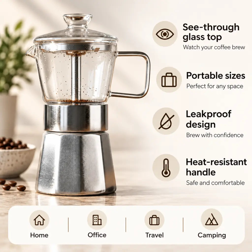 Glass Top Aluminium Moka Pot – See-Through Stovetop Espresso Maker