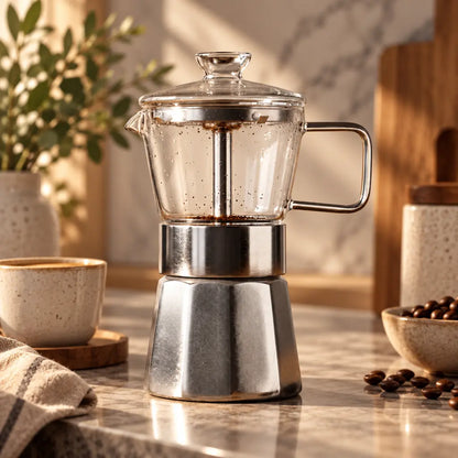 Glass Top Aluminium Moka Pot – See-Through Stovetop Espresso Maker