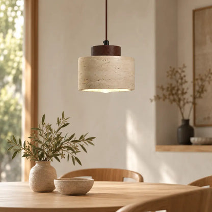 Japandi Natural Travertine Stone & Wood Pendant Light