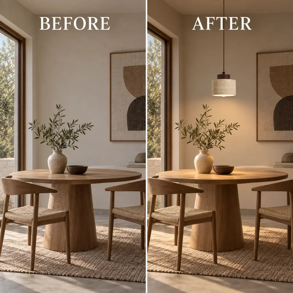 Japandi Natural Travertine Stone & Wood Pendant Light