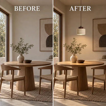 Japandi Natural Travertine Stone & Wood Pendant Light