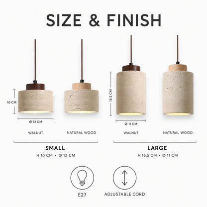 Japandi Natural Travertine Stone & Wood Pendant Light