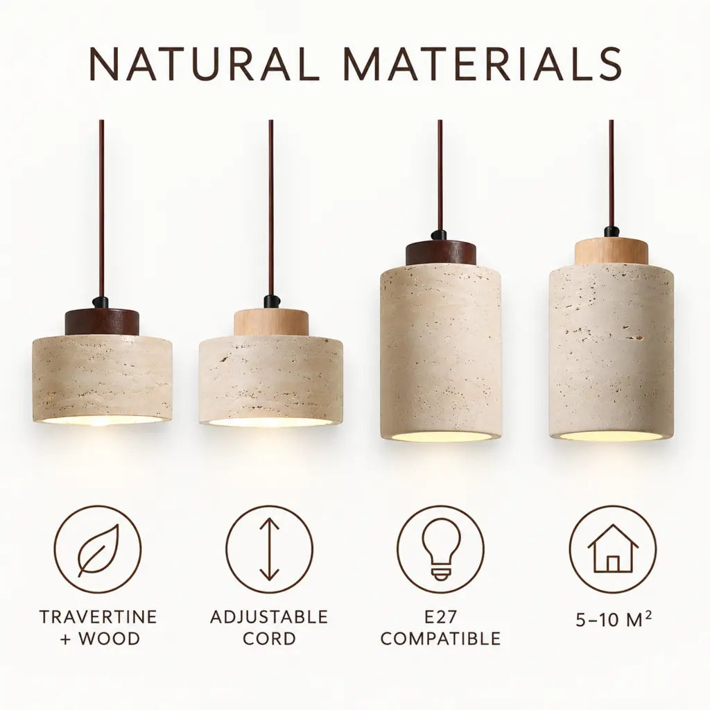 Japandi Natural Travertine Stone & Wood Pendant Light