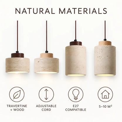 Japandi Natural Travertine Stone & Wood Pendant Light