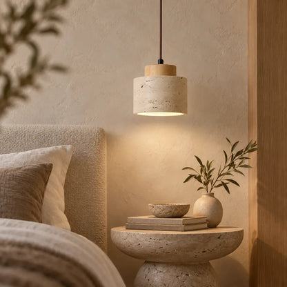 Japandi Natural Travertine Stone & Wood Pendant Light