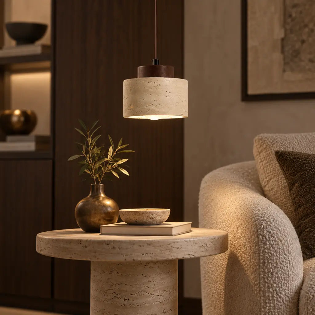 Japandi Natural Travertine Stone & Wood Pendant Light