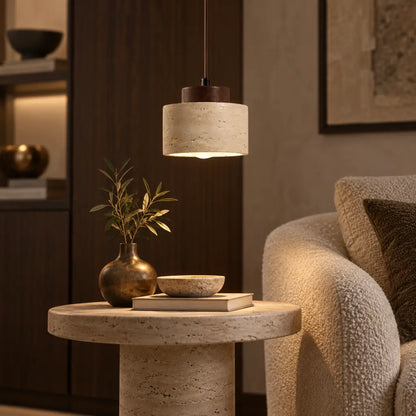 Japandi Natural Travertine Stone & Wood Pendant Light