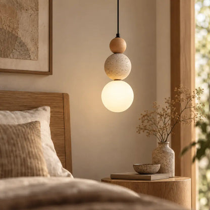 Japandi Travertine & Wood 3 Globes Pendant Light