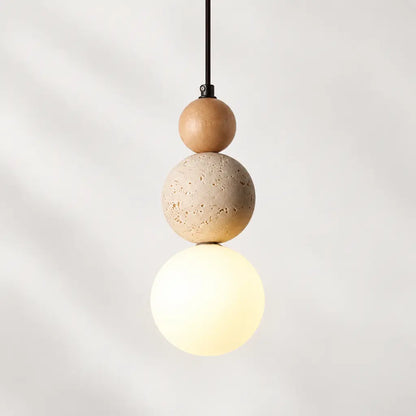 Japandi Travertine & Wood 3 Globes Pendant Light