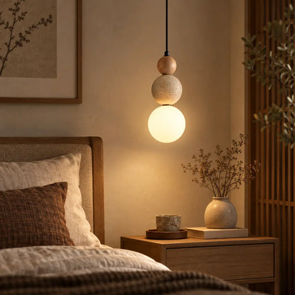 Japandi Travertine & Wood 3 Globes Pendant Light