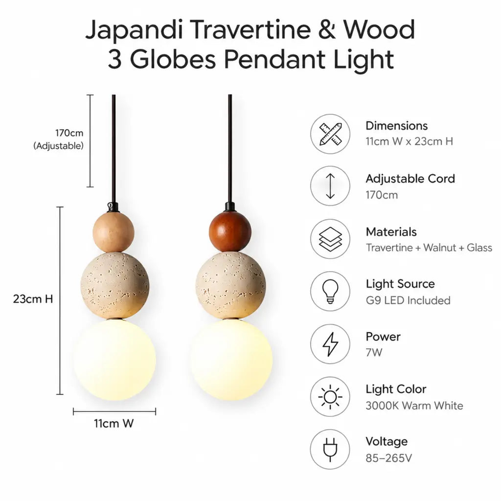 Japandi Travertine & Wood 3 Globes Pendant Light