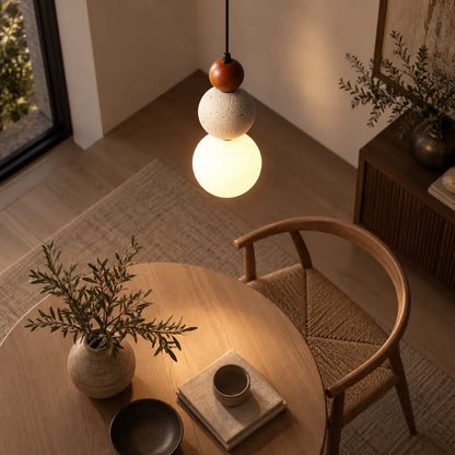 Japandi Travertine & Wood 3 Globes Pendant Light