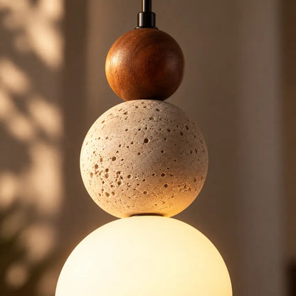 Japandi Travertine & Wood 3 Globes Pendant Light