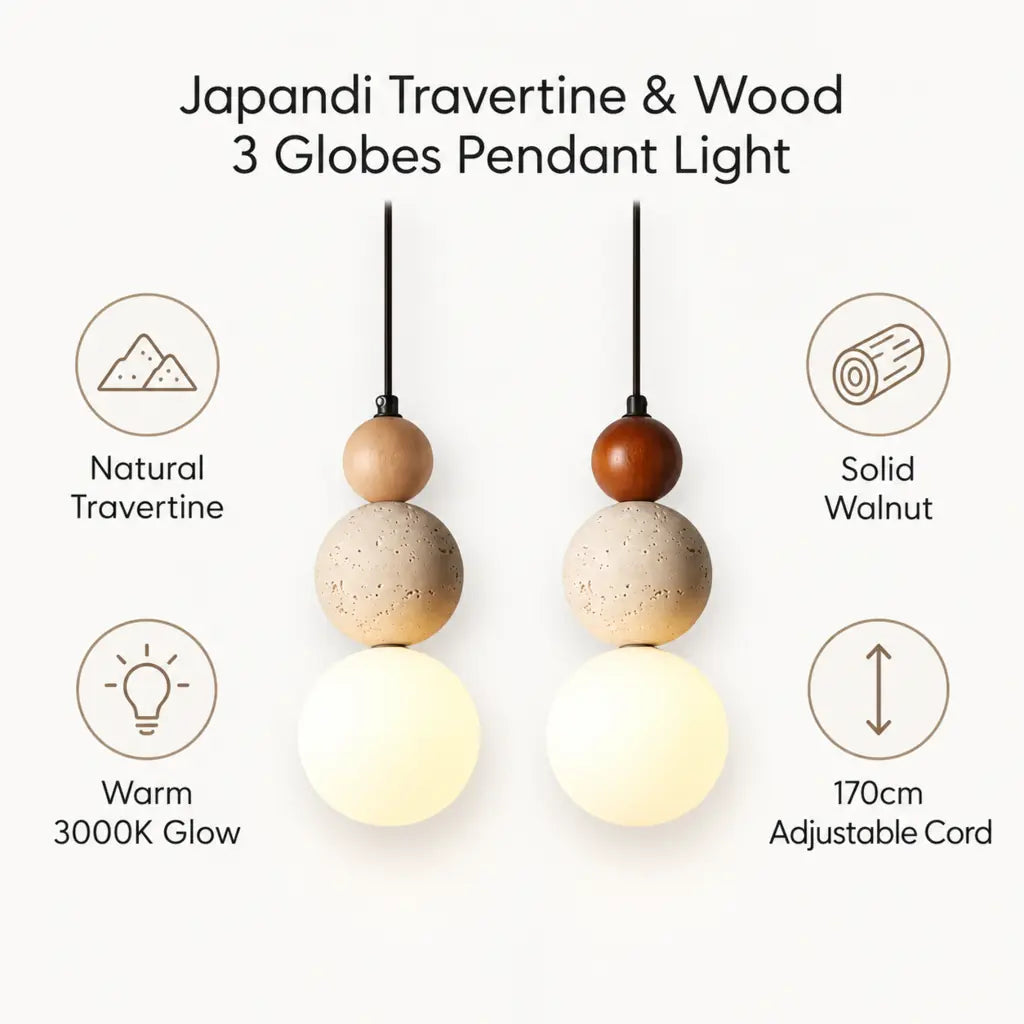 Japandi Travertine & Wood 3 Globes Pendant Light