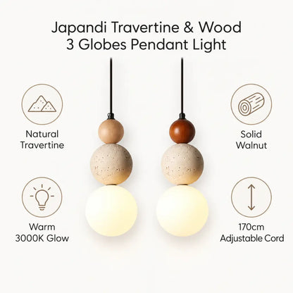 Japandi Travertine & Wood 3 Globes Pendant Light