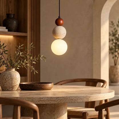 Japandi Travertine & Wood 3 Globes Pendant Light