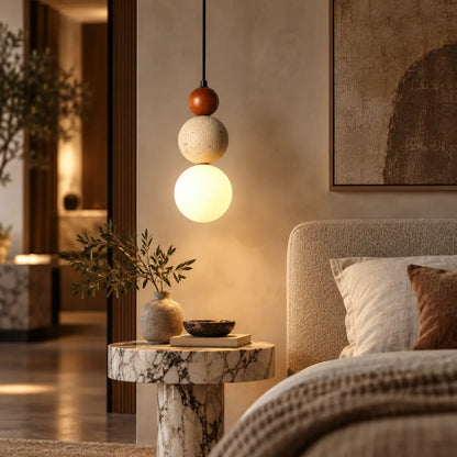 Japandi Travertine & Wood 3 Globes Pendant Light