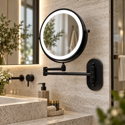 Matte Black Wall-Mounted LED Makeup Mirror with Magnification