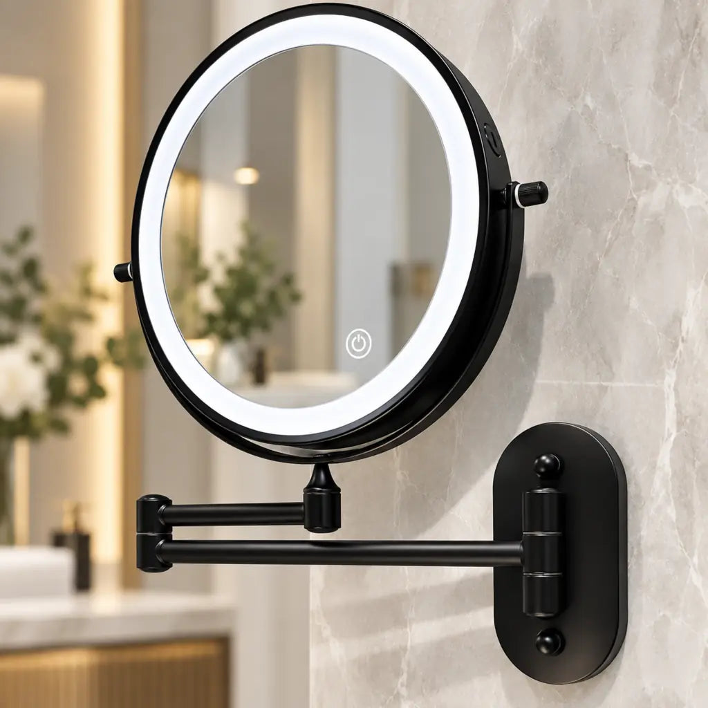 Matte Black Wall-Mounted LED Makeup Mirror with Magnification