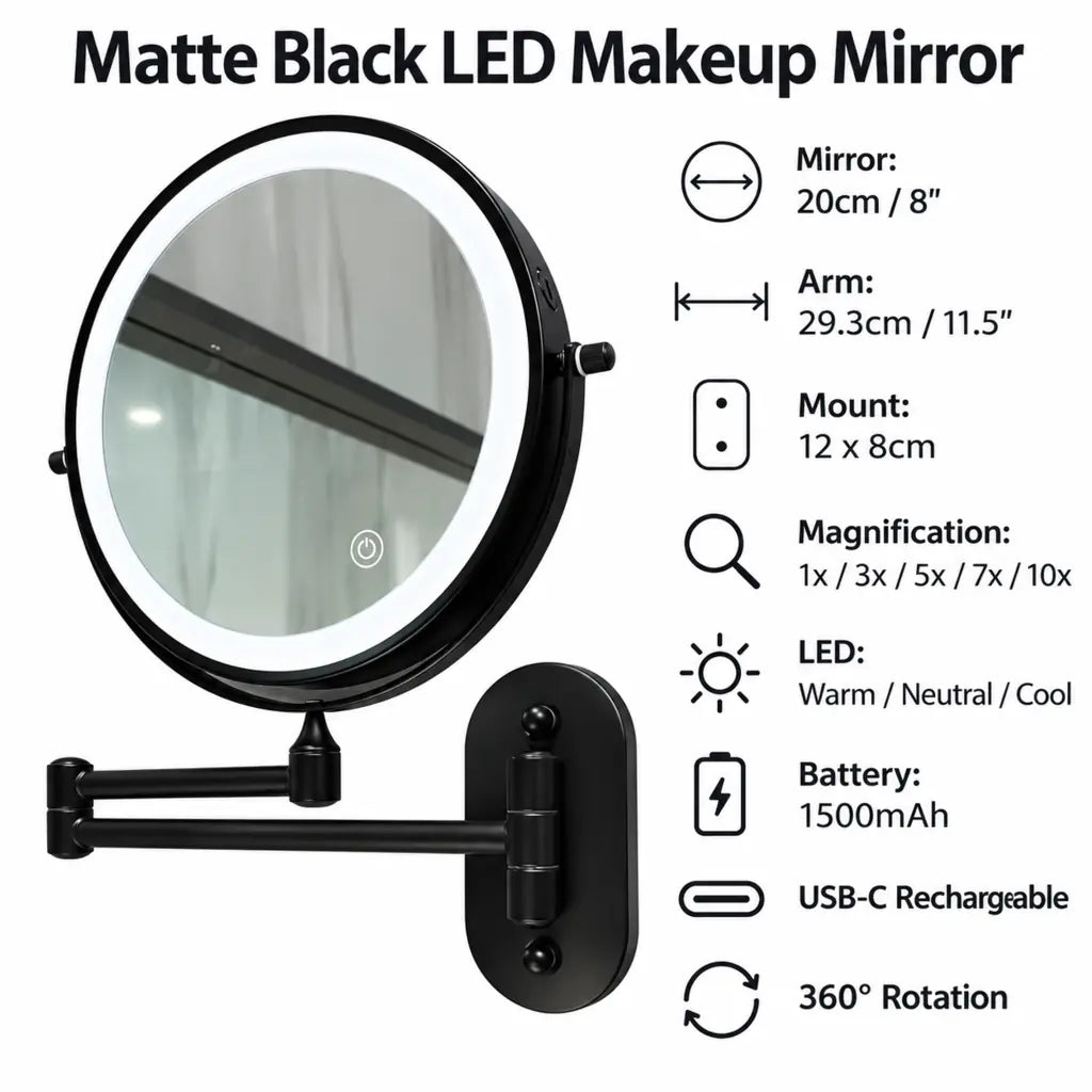Matte Black Wall-Mounted LED Makeup Mirror with Magnification