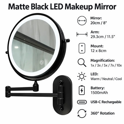 Matte Black Wall-Mounted LED Makeup Mirror with Magnification
