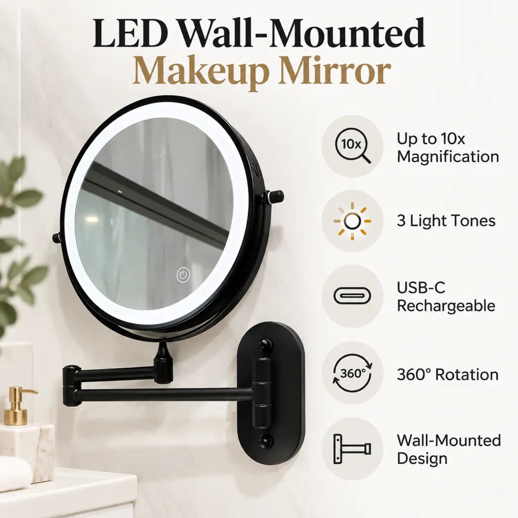 Matte Black Wall-Mounted LED Makeup Mirror with Magnification
