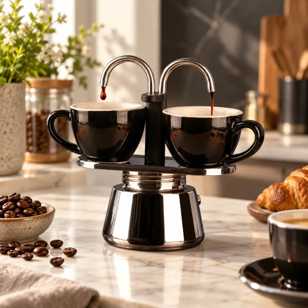 Mini Dual Spout Moka Pot – 2 Cup Stainless Steel Espresso Maker
