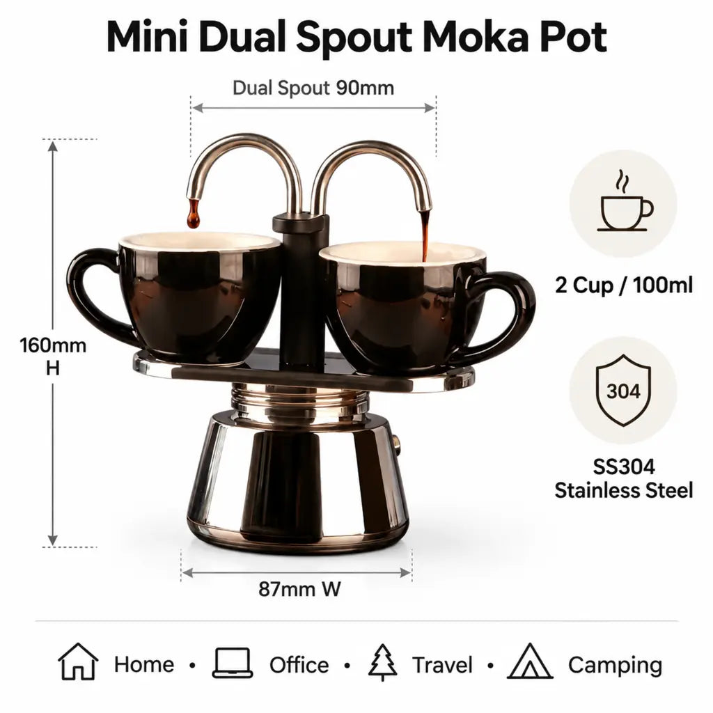 Mini Dual Spout Moka Pot – 2 Cup Stainless Steel Espresso Maker