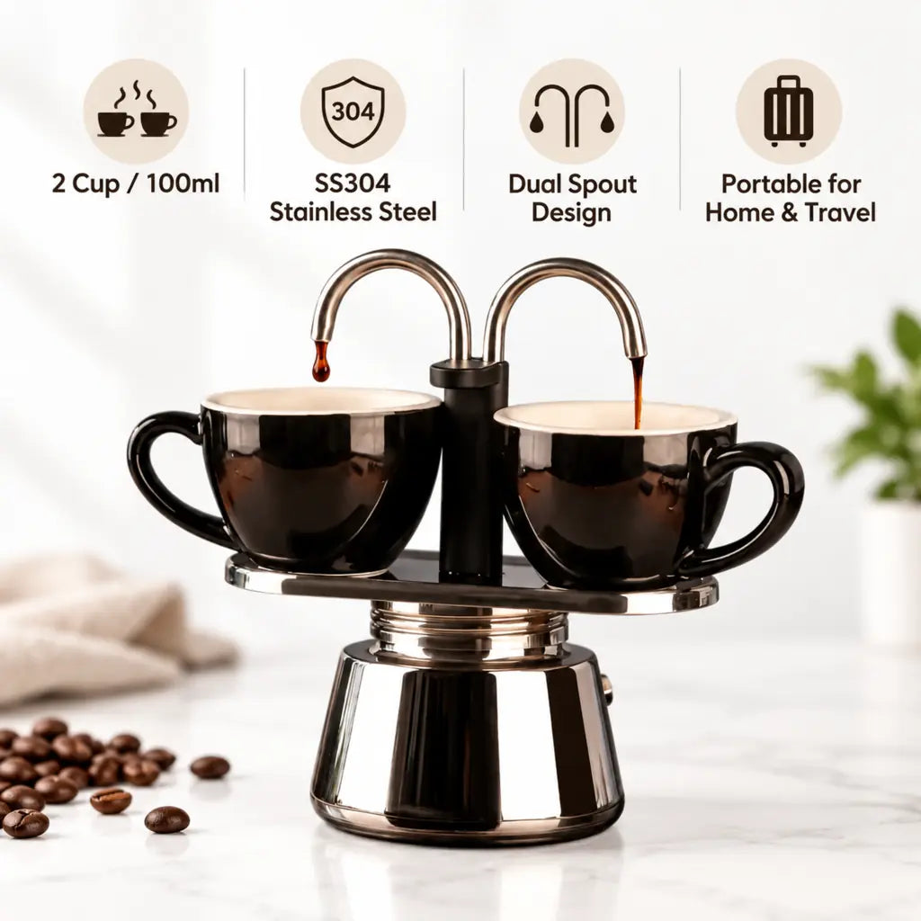 Mini Dual Spout Moka Pot – 2 Cup Stainless Steel Espresso Maker