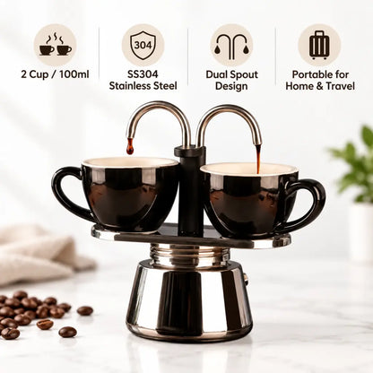 Mini Dual Spout Moka Pot – 2 Cup Stainless Steel Espresso Maker