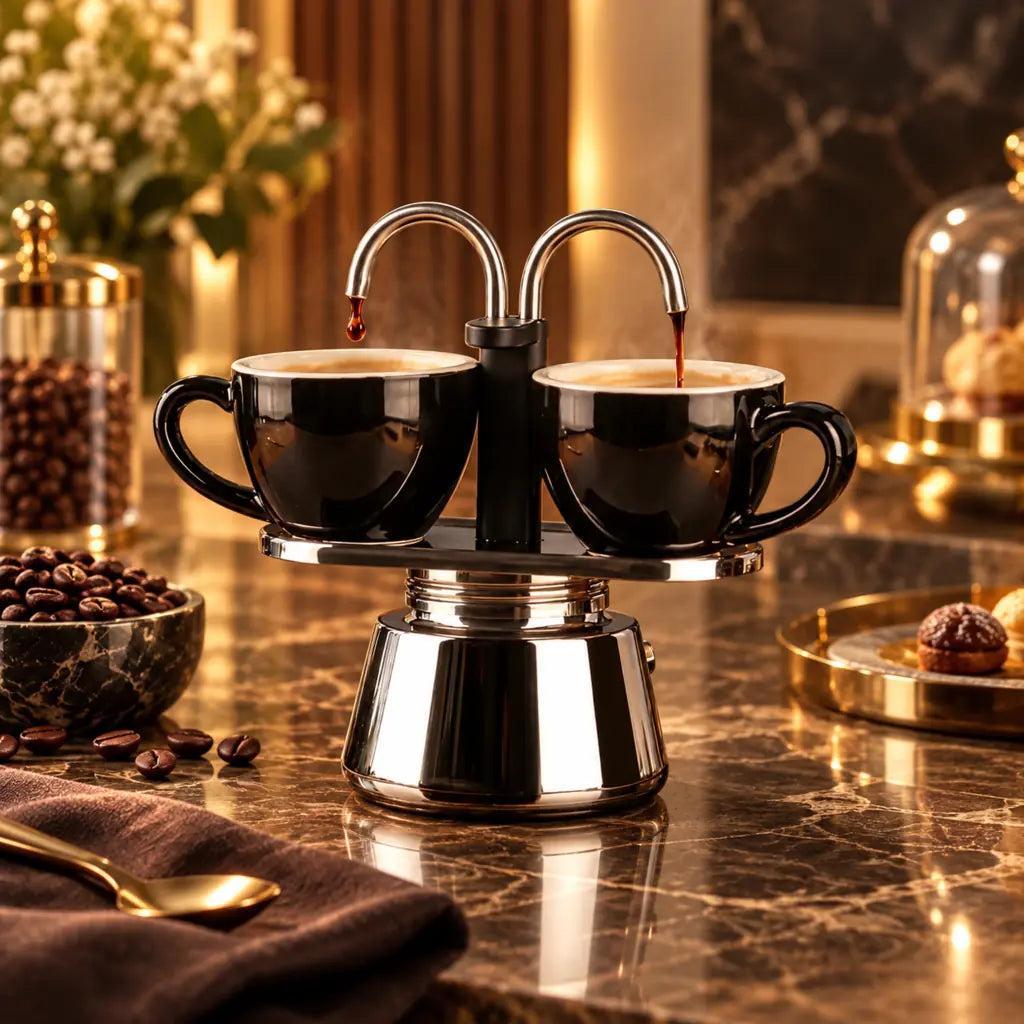 Mini Dual Spout Moka Pot – 2 Cup Stainless Steel Espresso Maker