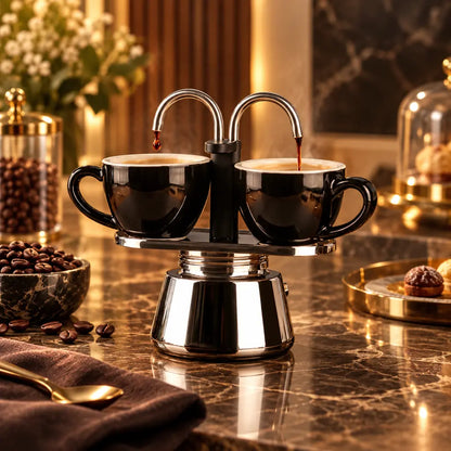 Mini Dual Spout Moka Pot – 2 Cup Stainless Steel Espresso Maker