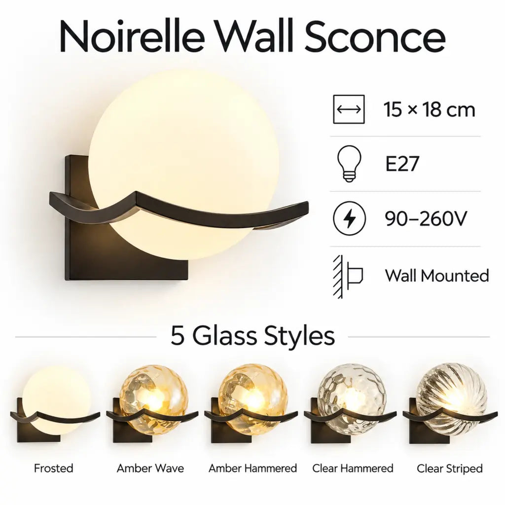 Noirelle Glass Sphere Wall Sconce Light with Black Finish