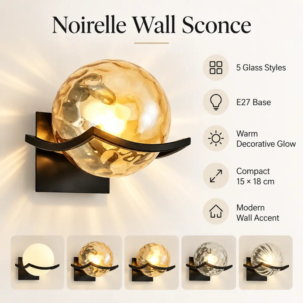 Noirelle Glass Sphere Wall Sconce Light with Black Finish