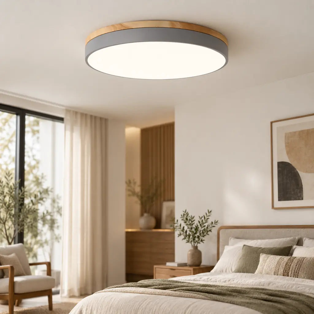 Round Wooden Flush Ceiling Light