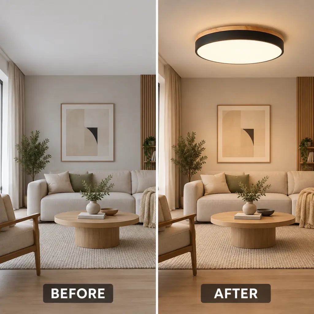 Round Wooden Flush Ceiling Light
