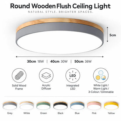 Round Wooden Flush Ceiling Light
