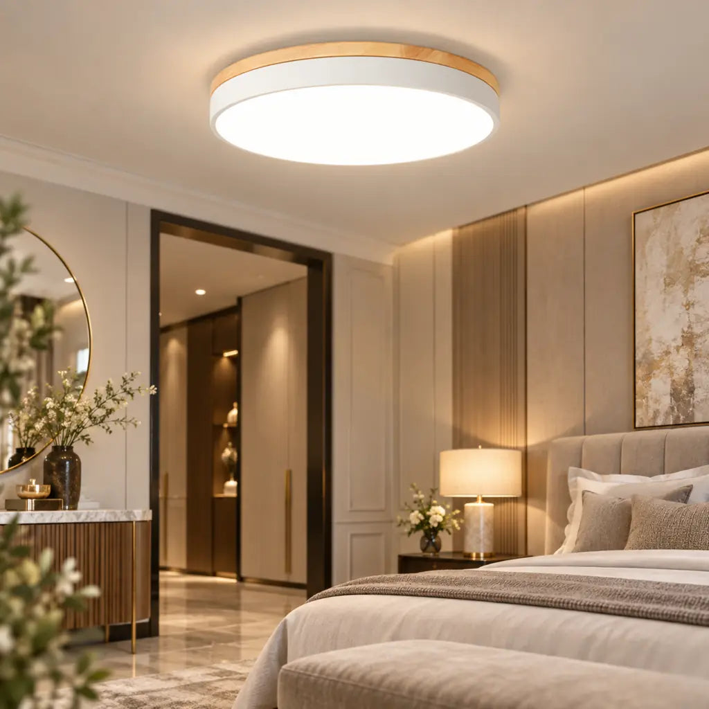 Round Wooden Flush Ceiling Light