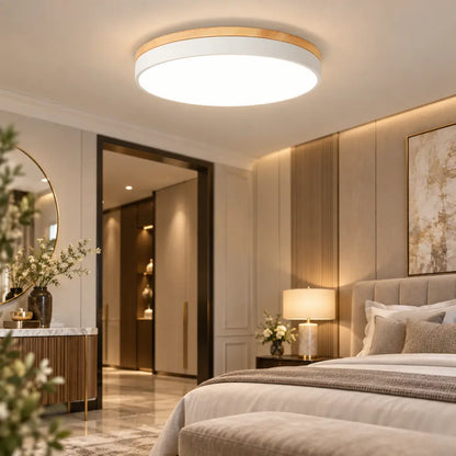 Round Wooden Flush Ceiling Light