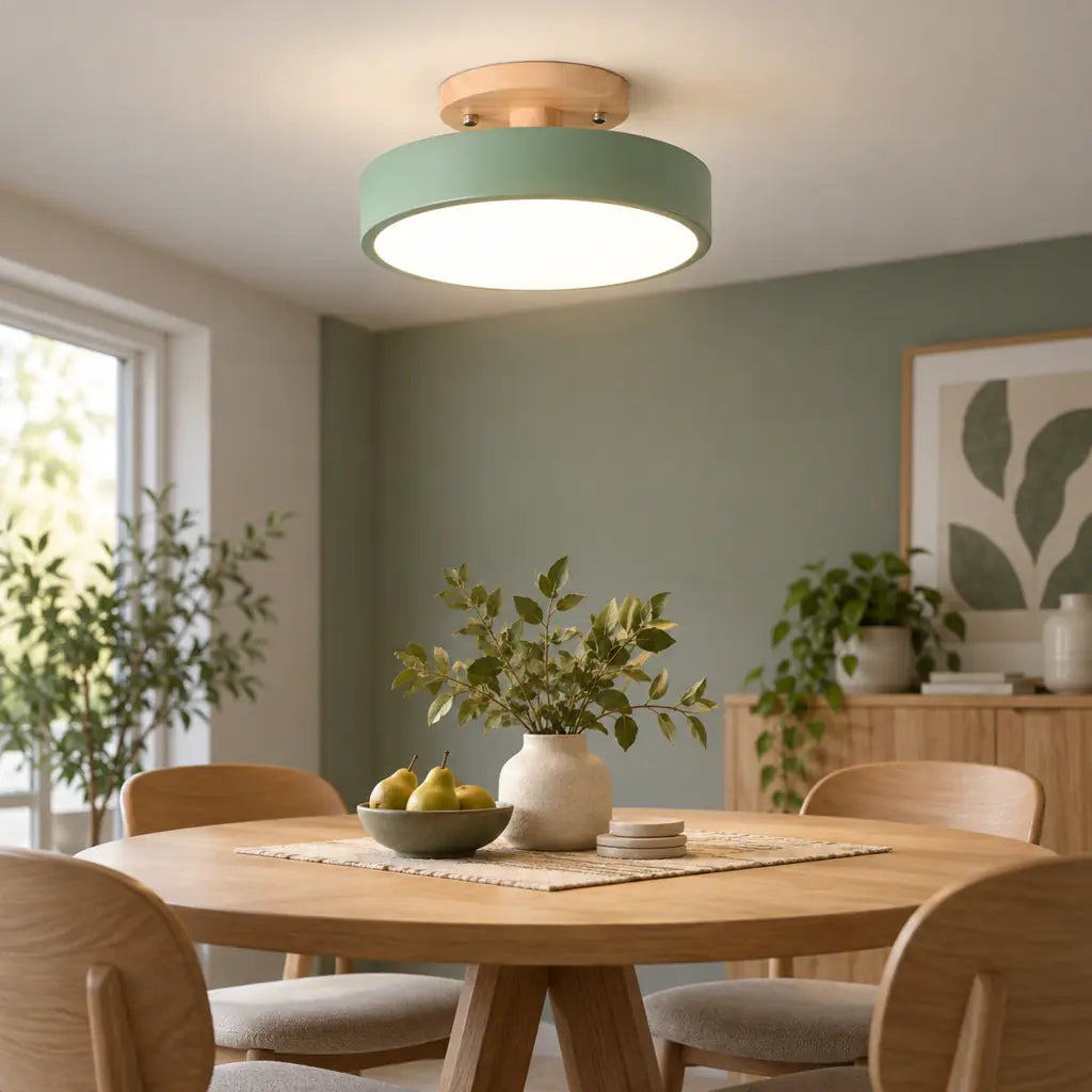 Scandinavian Round Semi Flush Ceiling Light with Wooden Base