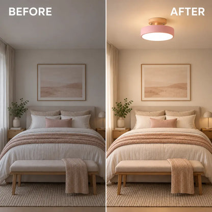 Scandinavian Round Semi Flush Ceiling Light with Wooden Base