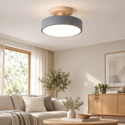 Scandinavian Round Semi Flush Ceiling Light with Wooden Base
