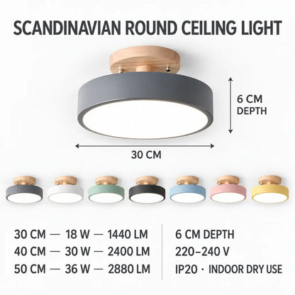 Scandinavian Round Semi Flush Ceiling Light with Wooden Base