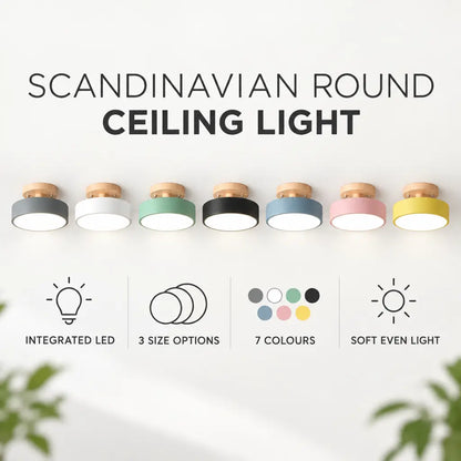 Scandinavian Round Semi Flush Ceiling Light with Wooden Base