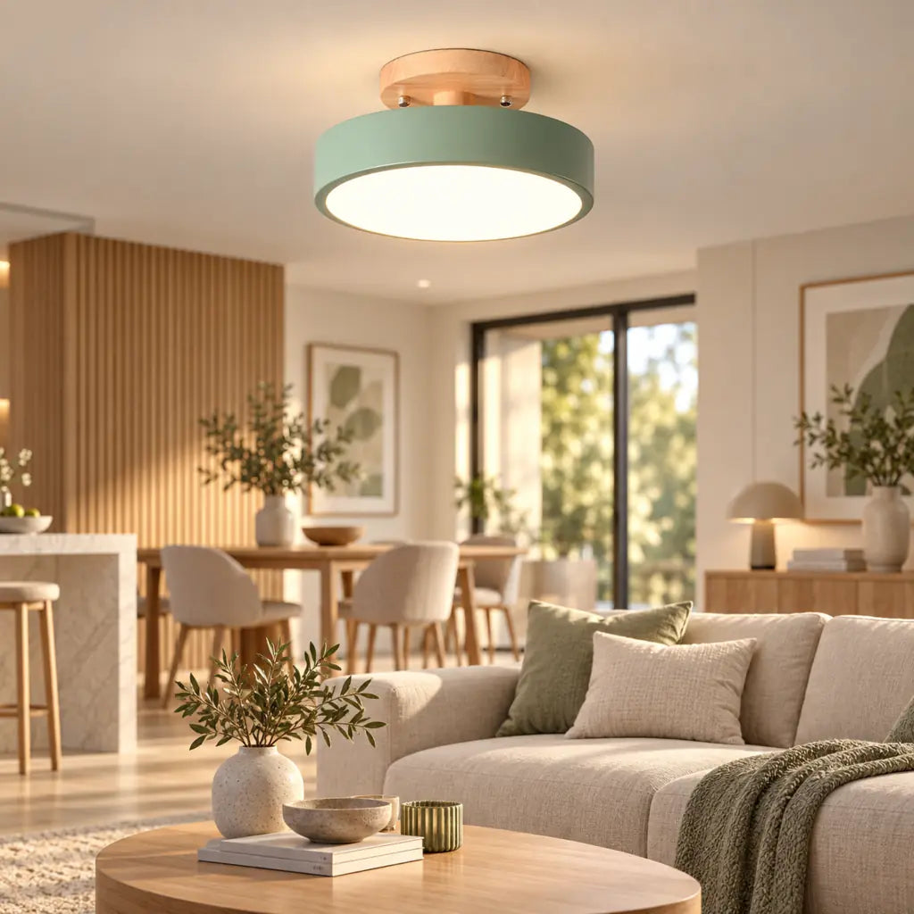 Scandinavian Round Semi Flush Ceiling Light with Wooden Base