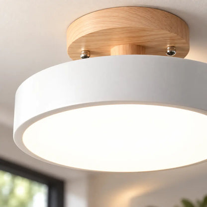 Scandinavian Round Semi Flush Ceiling Light with Wooden Base