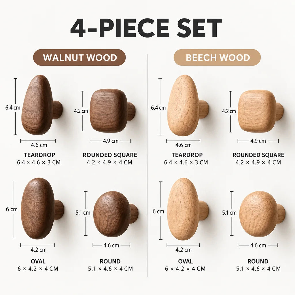 Sculptural Pebble Wood Wall Hooks — 4-Piece Set